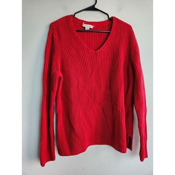 Coldwater Creek Women Red Cotton Chunky Cable Knit V-Neck Sweater size 2X - Picture 1 of 9